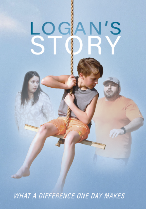 DVD Cover of "Logan's Story" documentary, which displays young boy, Logan, on a swing, with his mom and dad behind him. Subtitle reads "What a difference one day makes!"